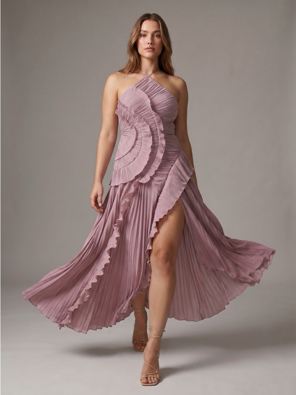 Pleated Frill Halter Neck Dress in Dusty Rose size L